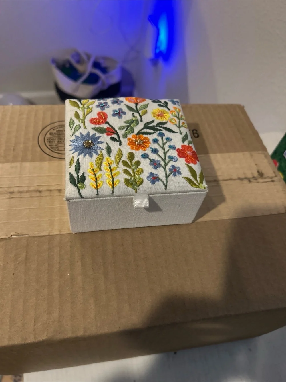 Hand Embroidered Floral Jewelry Box - canvas w/rhinestones
